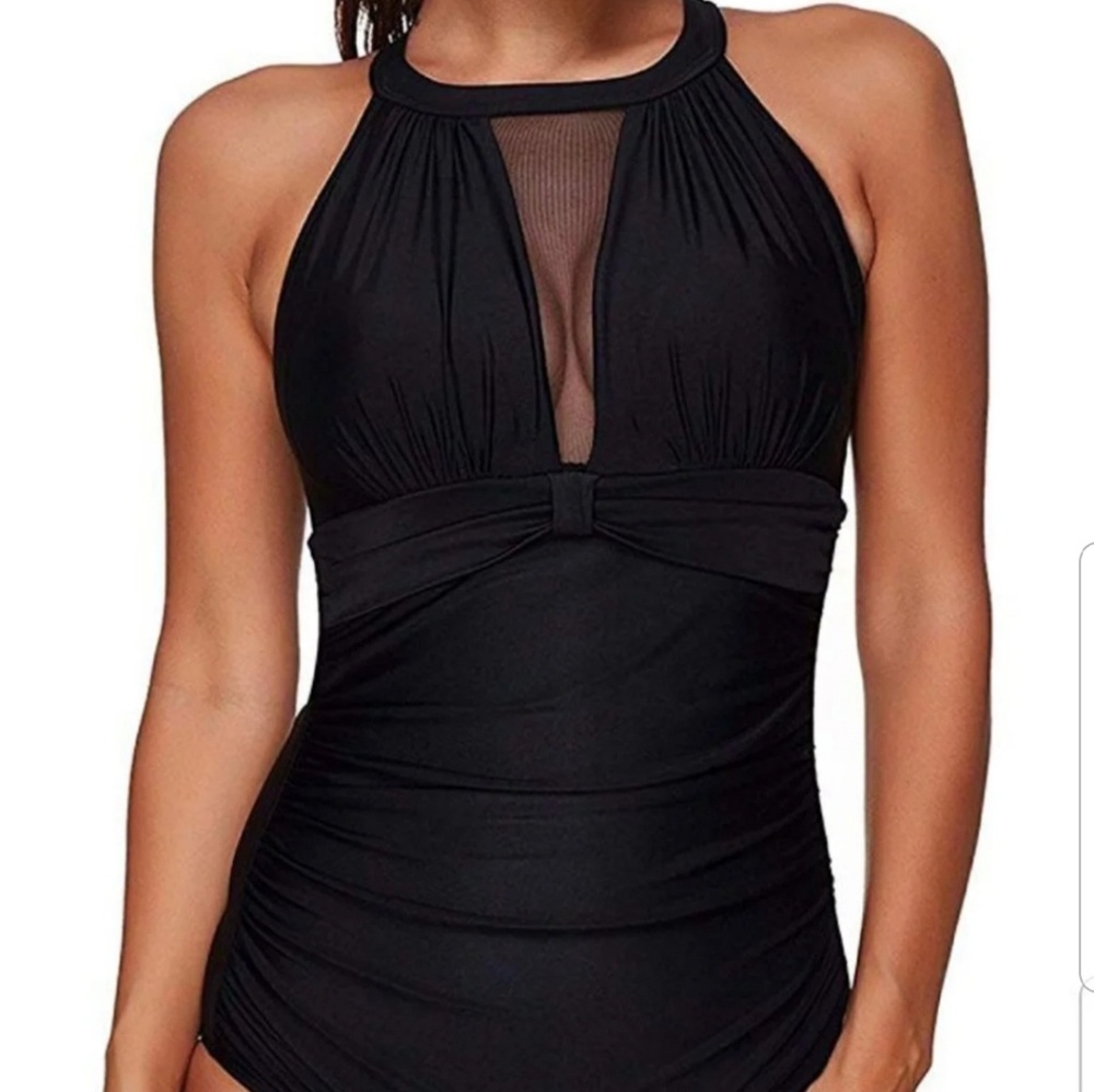 Sexy Black One Piece Swimsuit Mesh Upper - Picture 3 of 6